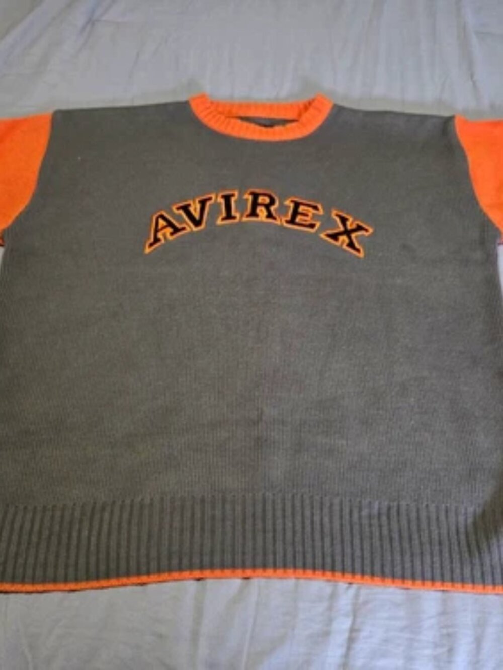 ​Vintage Avirex Sweater Mens XXL Gray Orange Heavyweight Knit Logo Arch Pullover